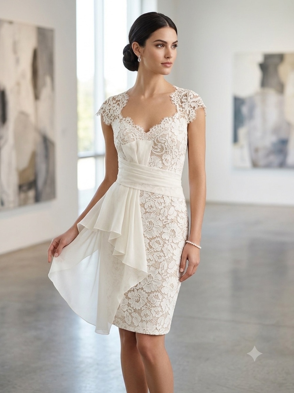 MARCHESA NOTTE Ivory Lace Cap-Sleeve Sheath Dress with Draped Sash